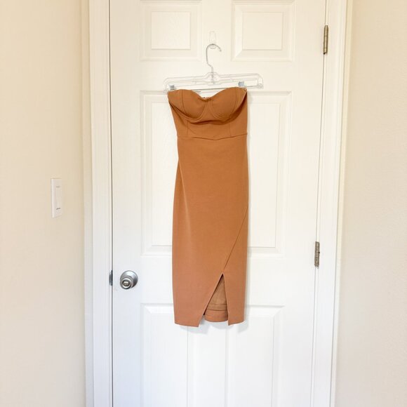 ☀️ LULUS Flaunt it Factor Light Brown Strapless Bustier Midi Dress Beige Tan XS - Picture 2 of 7